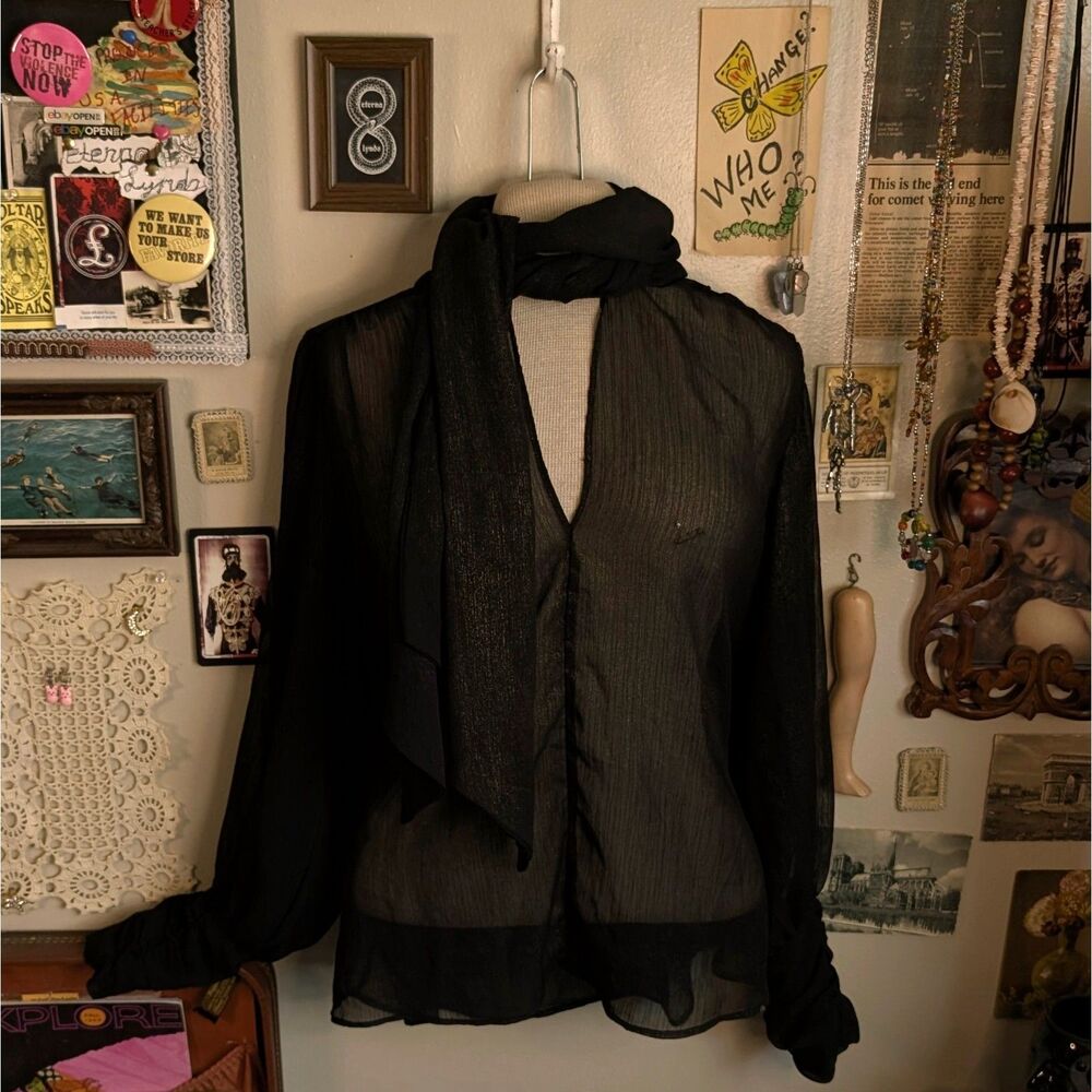 Sheer Chiffon Scarf Neck Blouse Women's Medium Black Victorian Balloon Sleeve